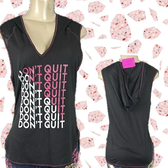 EVCR Jrs XL Black Don't Quit Statement Graphic V-Neck Sleeveless Mesh Hoodie Top - Picture 1 of 5